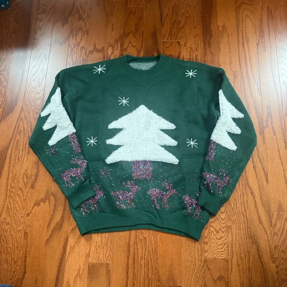 Christmas Tree Reindeer Sweater Green Sparkling Winter Scene Holiday Knit_6